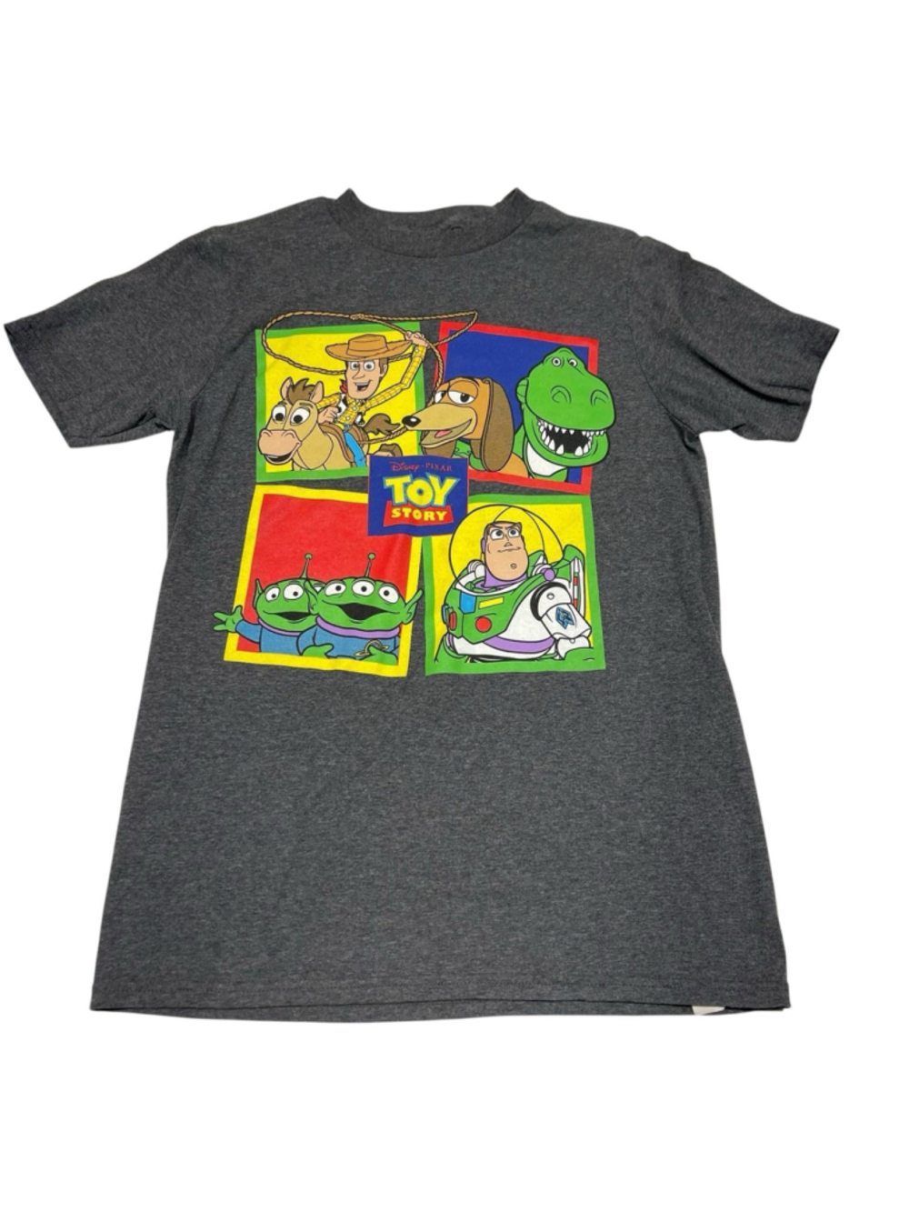 Disney Pixar Toy Story Shirt Kids Sz Large Grey Short Sleeve Woody Buzz Tee EUC